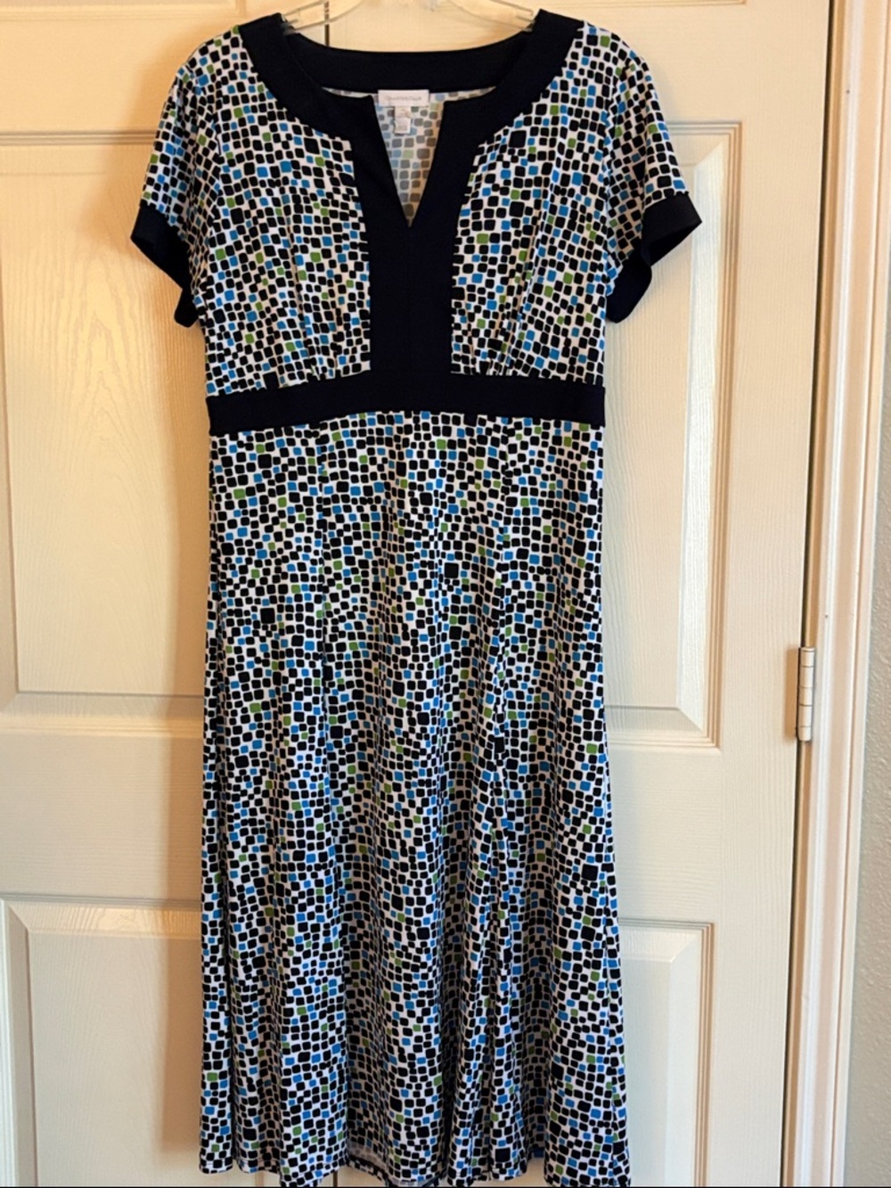 Charter Club Black Trim Midi Dress with Blue, Green & White Geo Print